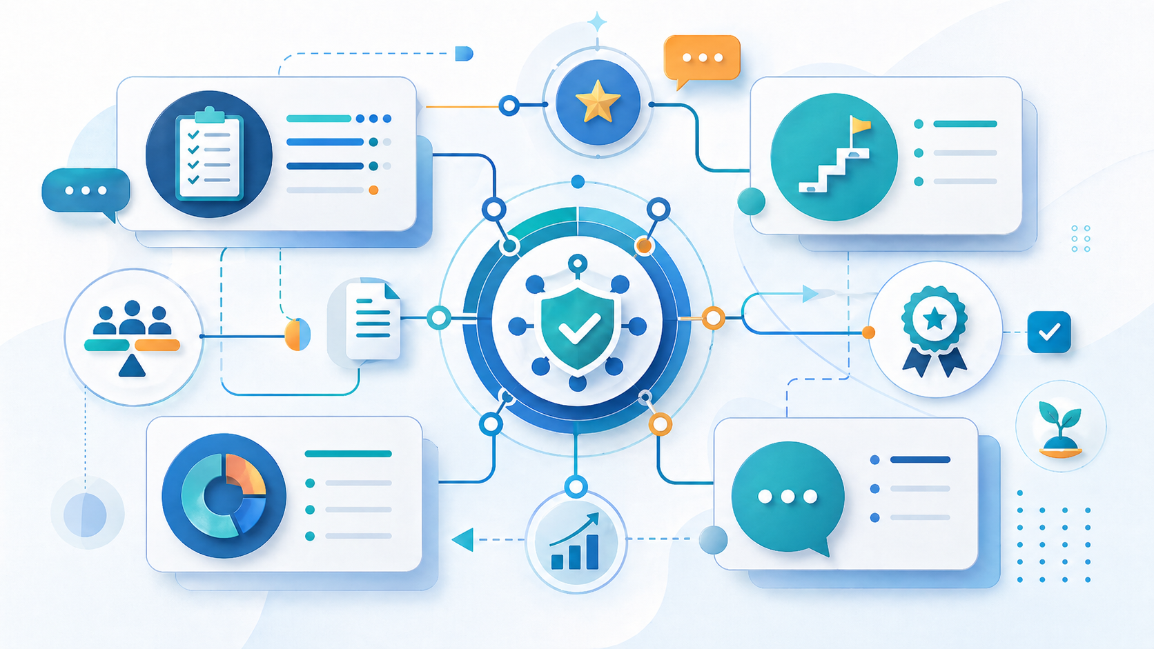 Abstract systems illustration showing interconnected workflow panels, checklists, charts, and communication icons representing how workplace fairness is built through clear processes and trust